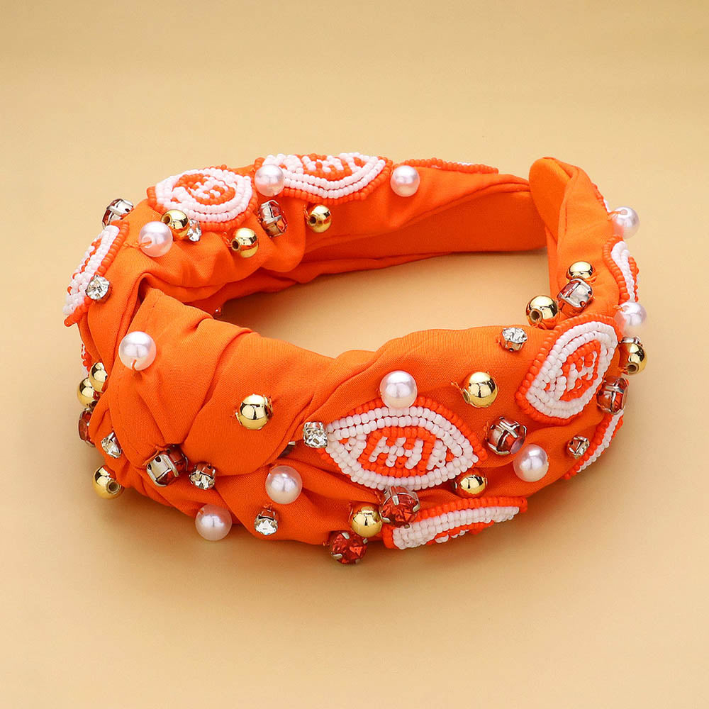 Orange, White Seed Beaded Football Pearl Stone Cluster Embellished Knot Headband
