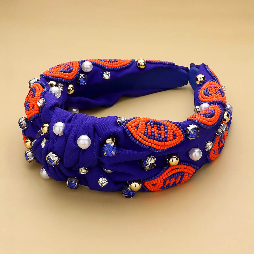 Blue, Orange Seed Beaded Football Pearl Stone Cluster Embellished Knot Headband