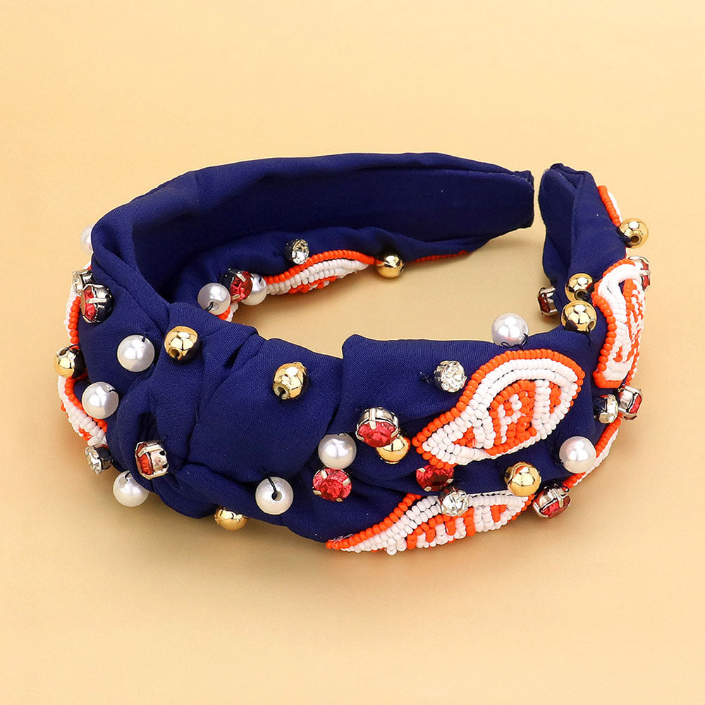 Navy, Orange Seed Beaded Football Pearl Stone Cluster Embellished Knot Headband