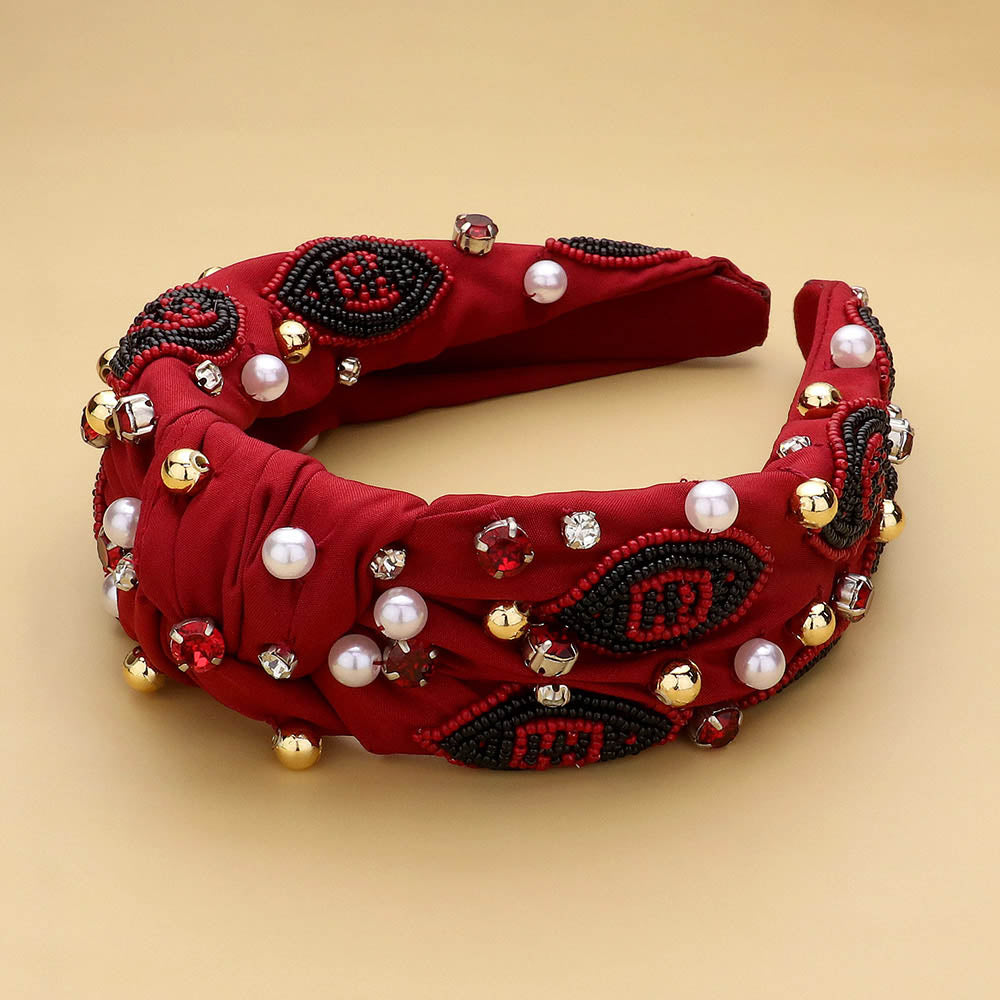 Black, Burgundy Seed Beaded Football Pearl Stone Cluster Embellished Knot Headband