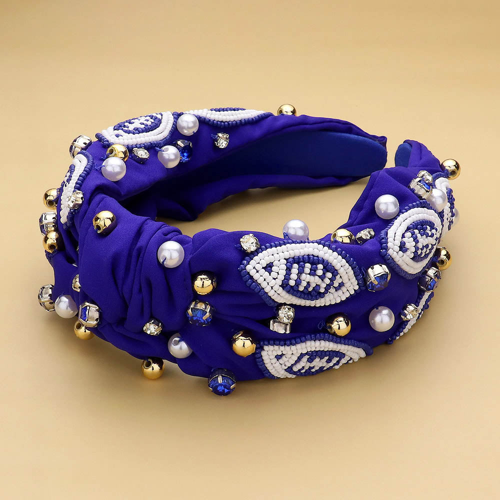 Blue, White Seed Beaded Football Pearl Stone Cluster Embellished Knot Headband