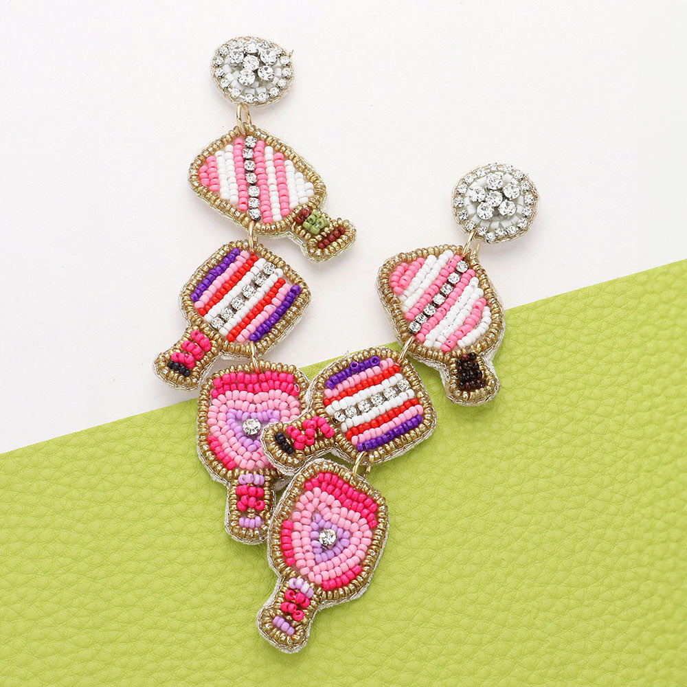 Pink Seed Beaded Pickleball Paddle Link Dropdown Dangle Earrings