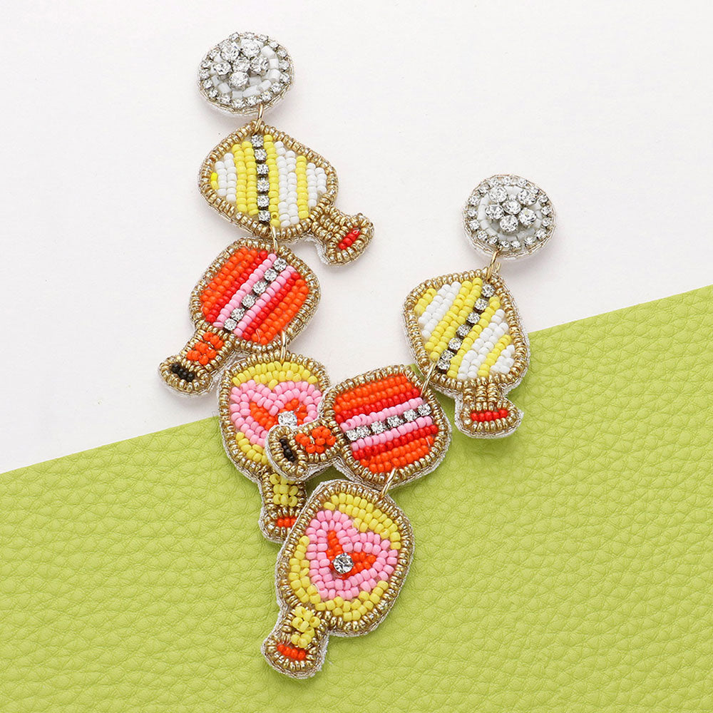 Yellow Seed Beaded Pickleball Paddle Link Dropdown Dangle Earrings