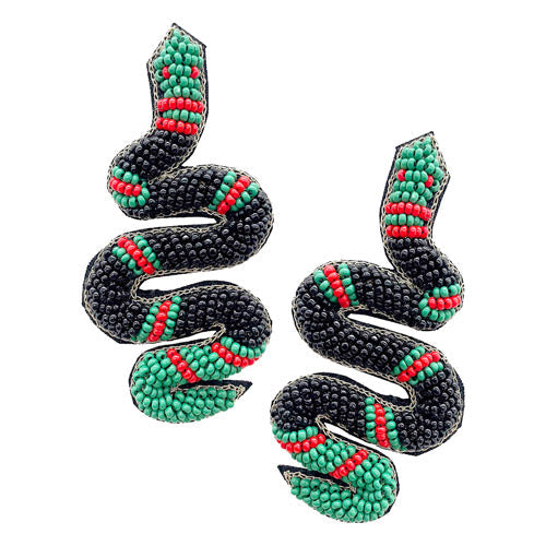 Felt Back Seed Beaded Snake Earrings Seed Bead Snake Earrings handcrafted jewelry adds a pop of pretty color, sequin, beaded embroidered bright artisanal earrings show off your fun trendsetting style. Perfect Birthday Gift, Anniversary Gift, Thank you Gift, Graduation, Prom, Sweet 16, Quincea√±era, Date Night