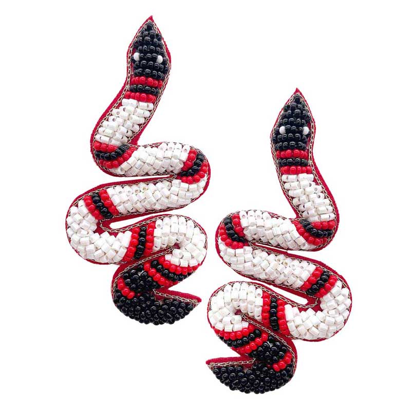 Black White Felt Back Seed Beaded Snake Earrings Seed Bead Snake Earrings handcrafted jewelry adds a pop of pretty color, sequin, beaded embroidered bright artisanal earrings show off your fun trendsetting style. Perfect Birthday Gift, Anniversary Gift, Thank you Gift, Graduation, Prom, Sweet 16, Quincea√±era, Date Night