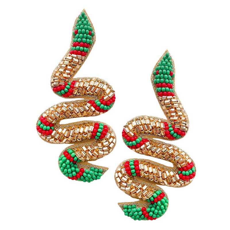 Gold Felt Back Seed Beaded Snake Earrings Seed Bead Snake Earrings handcrafted jewelry adds a pop of pretty color, sequin, beaded embroidered bright artisanal earrings show off your fun trendsetting style. Perfect Birthday Gift, Anniversary Gift, Thank you Gift, Graduation, Prom, Sweet 16, Quincea√±era, Date Night