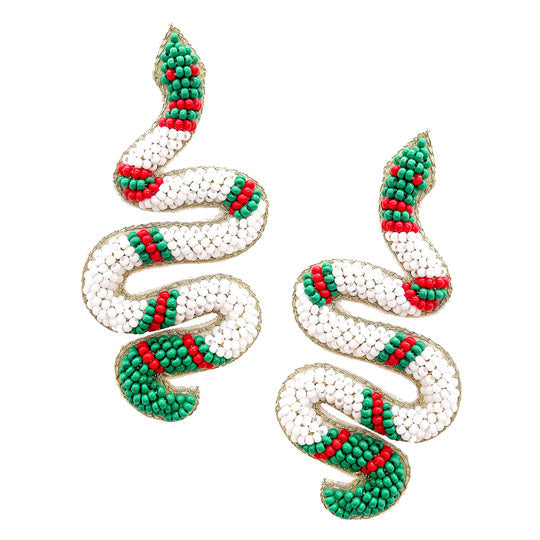 Felt Back Seed Beaded Snake Earrings Seed Bead Snake Earrings handcrafted jewelry adds a pop of pretty color, sequin, beaded embroidered bright artisanal earrings show off your fun trendsetting style. Perfect Birthday Gift, Anniversary Gift, Thank you Gift, Graduation, Prom, Sweet 16, Quincea√±era, Date Night