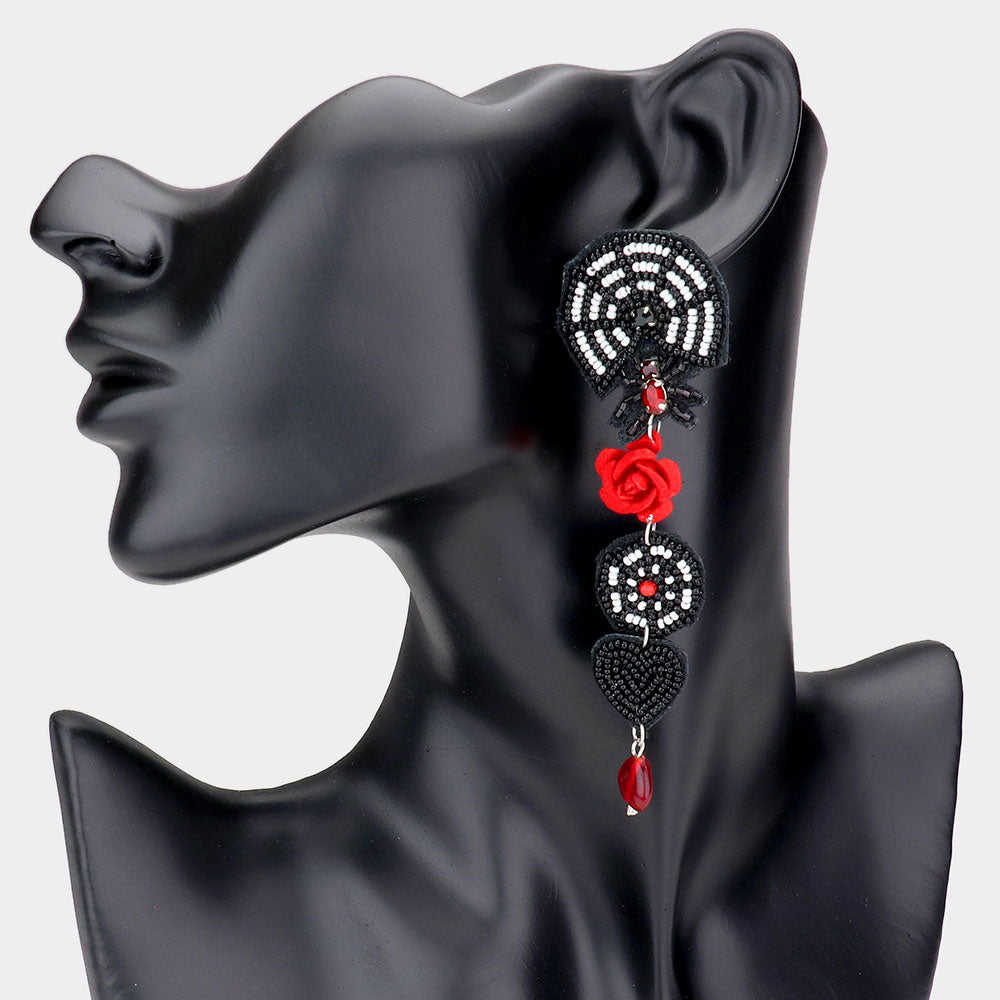 Black, Red Seed Beaded Spider Flower Heart Link Dangle Earrings
