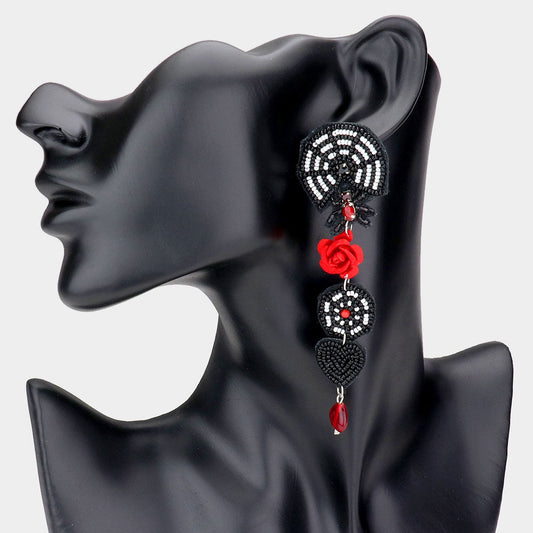 Black, Red Seed Beaded Spider Flower Heart Link Dangle Earrings