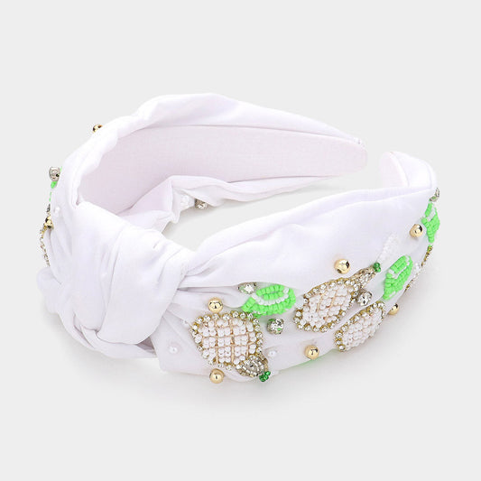 White Seed Beaded Tennis Racket Pearl Stone Cluster Embellished Knot Headband