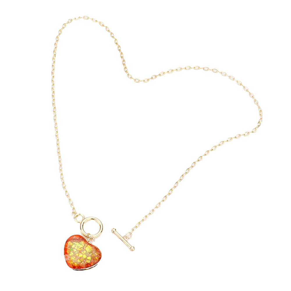 Semi Precious Heart Pendant Toggle Necklace - Yellow - Necklaces