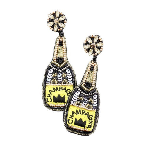 Black Sequin Embellished Crown Champagne Earrings Sequin Beaded Earrings; handcrafted jewelry adds a pop of pretty color, these vibrant artisanal earrings show off your fun trendsetting style. Perfect Birthday Gift, Anniversary Gift, Thank you Gift, Graduation, Prom, Sweet 16, Quincea√±era, Date Night, Statement Earrings