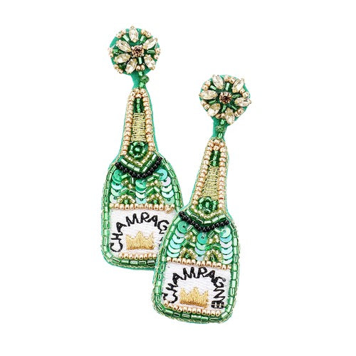 Green Sequin Embellished Crown Champagne Earrings Sequin Beaded Earrings; handcrafted jewelry adds a pop of pretty color, these vibrant artisanal earrings show off your fun trendsetting style. Perfect Birthday Gift, Anniversary Gift, Thank you Gift, Graduation, Prom, Sweet 16, Quincea√±era, Date Night, Statement Earrings