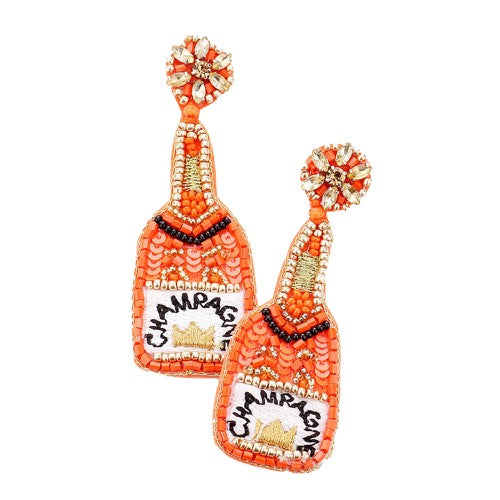 Orange Sequin Embellished Crown Champagne Earrings Sequin Beaded Earrings; handcrafted jewelry adds a pop of pretty color, these vibrant artisanal earrings show off your fun trendsetting style. Perfect Birthday Gift, Anniversary Gift, Thank you Gift, Graduation, Prom, Sweet 16, Quincea√±era, Date Night, Statement Earrings