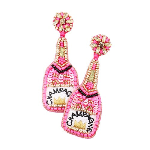 Pink Sequin Embellished Crown Champagne Earrings Sequin Beaded Earrings; handcrafted jewelry adds a pop of pretty color, these vibrant artisanal earrings show off your fun trendsetting style. Perfect Birthday Gift, Anniversary Gift, Thank you Gift, Graduation, Prom, Sweet 16, Quincea√±era, Date Night, Statement Earrings