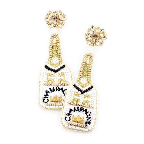 White Sequin Embellished Crown Champagne Earrings Sequin Beaded Earrings; handcrafted jewelry adds a pop of pretty color, these vibrant artisanal earrings show off your fun trendsetting style. Perfect Birthday Gift, Anniversary Gift, Thank you Gift, Graduation, Prom, Sweet 16, Quincea√±era, Date Night, Statement Earrings