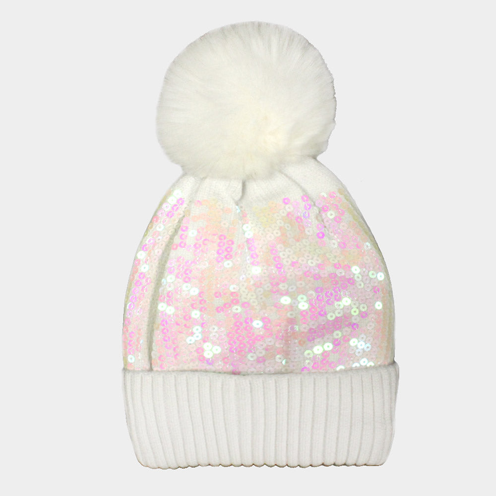 AB Sequin Embellished Pom Pom Beanie Hat