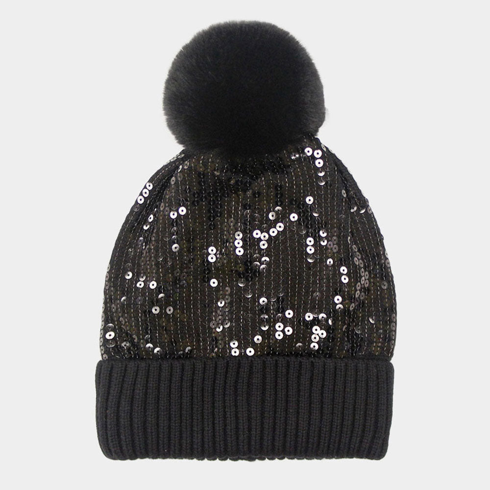Black Sequin Embellished Pom Pom Beanie Hat