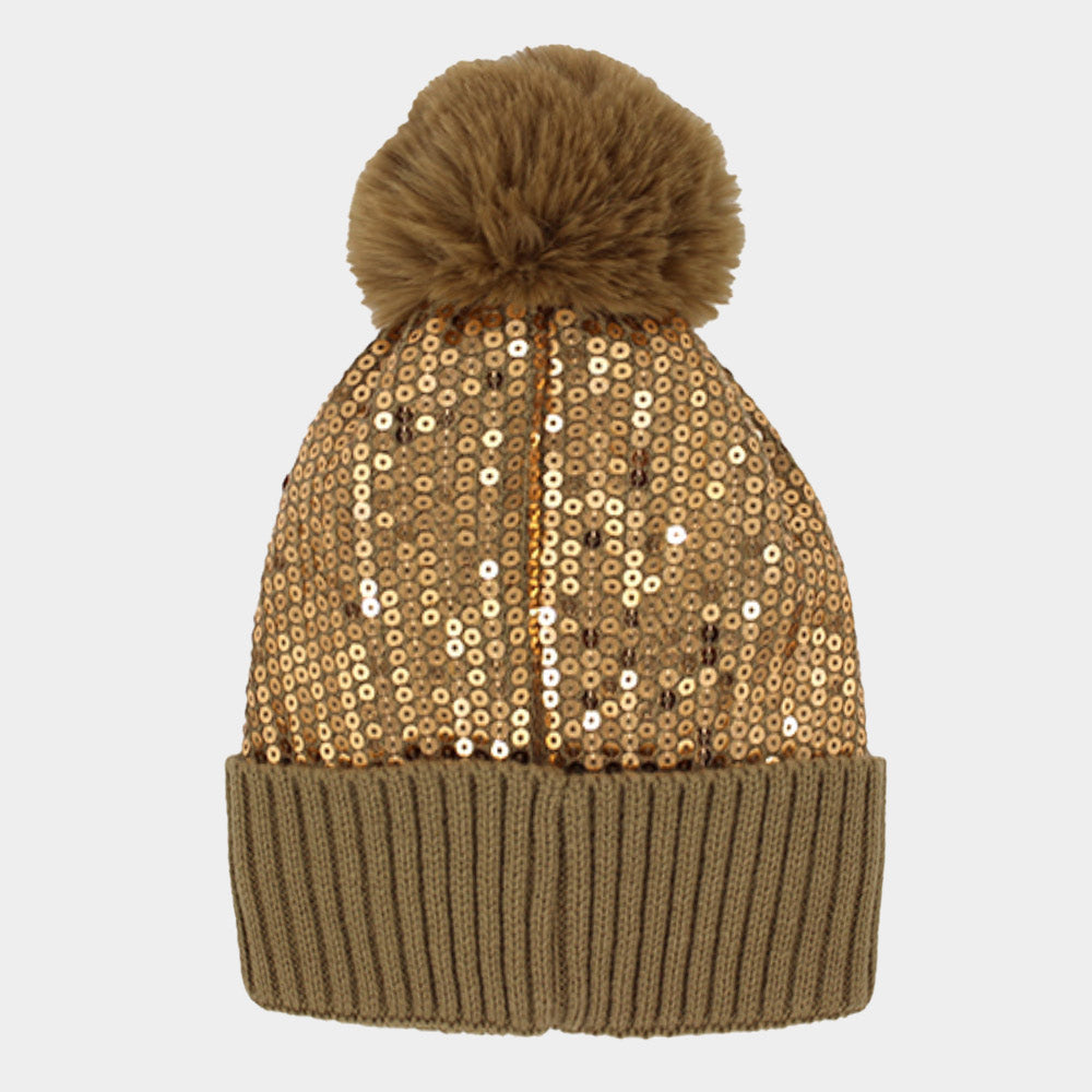 Brown Sequin Embellished Pom Pom Beanie Hat