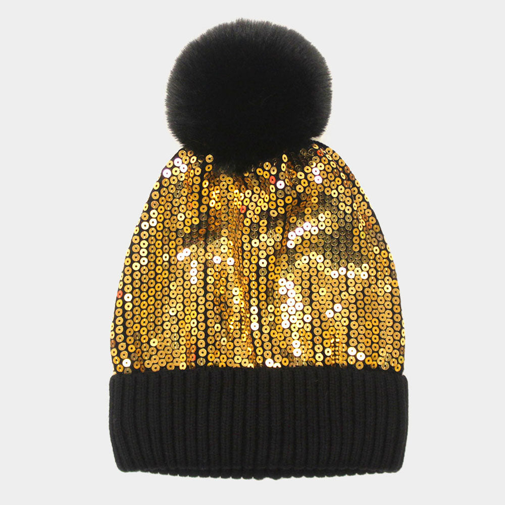 Gold Sequin Embellished Pom Pom Beanie Hat