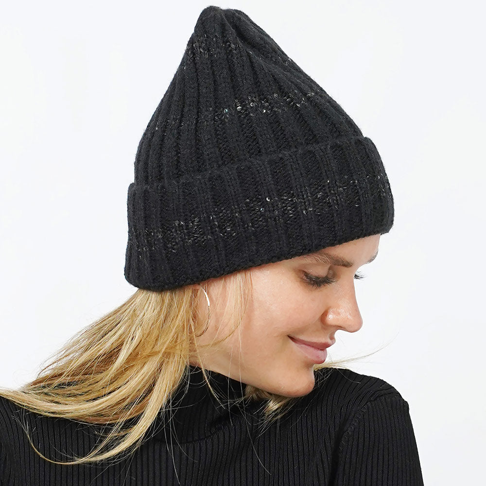 Black Sequin Stripe Knit Beanie Hat