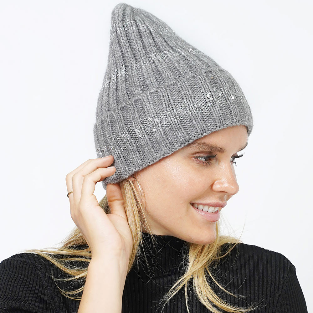 Gray Sequin Stripe Knit Beanie Hat