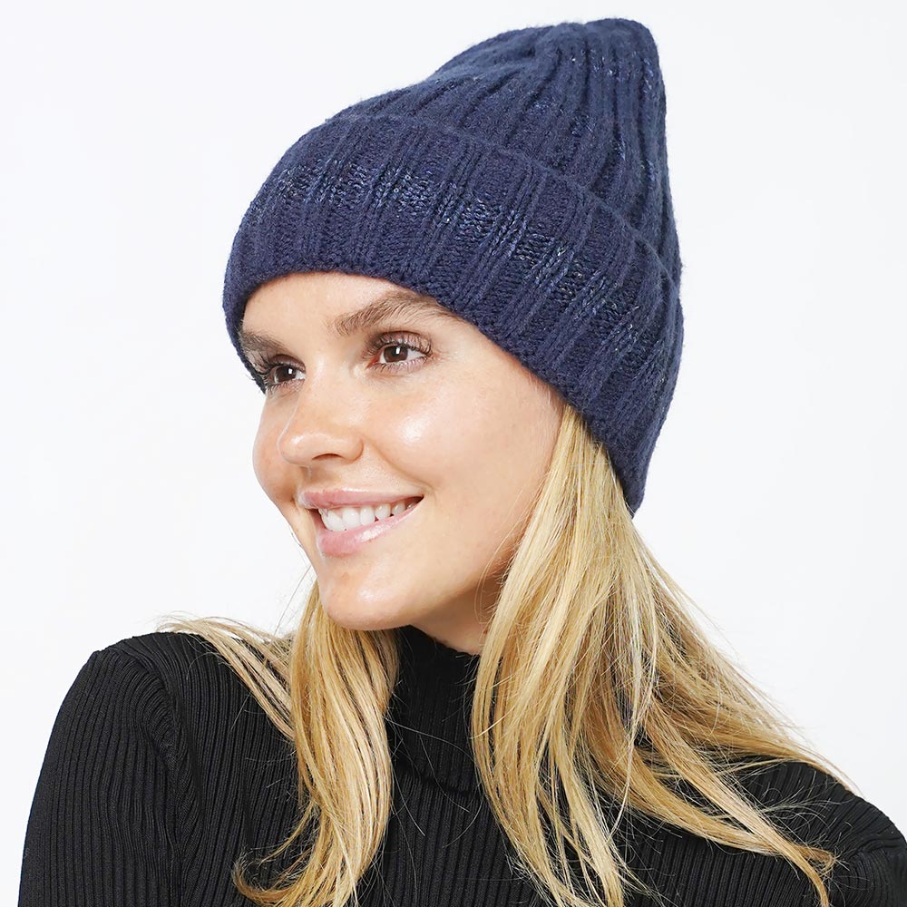 Navy Sequin Stripe Knit Beanie Hat