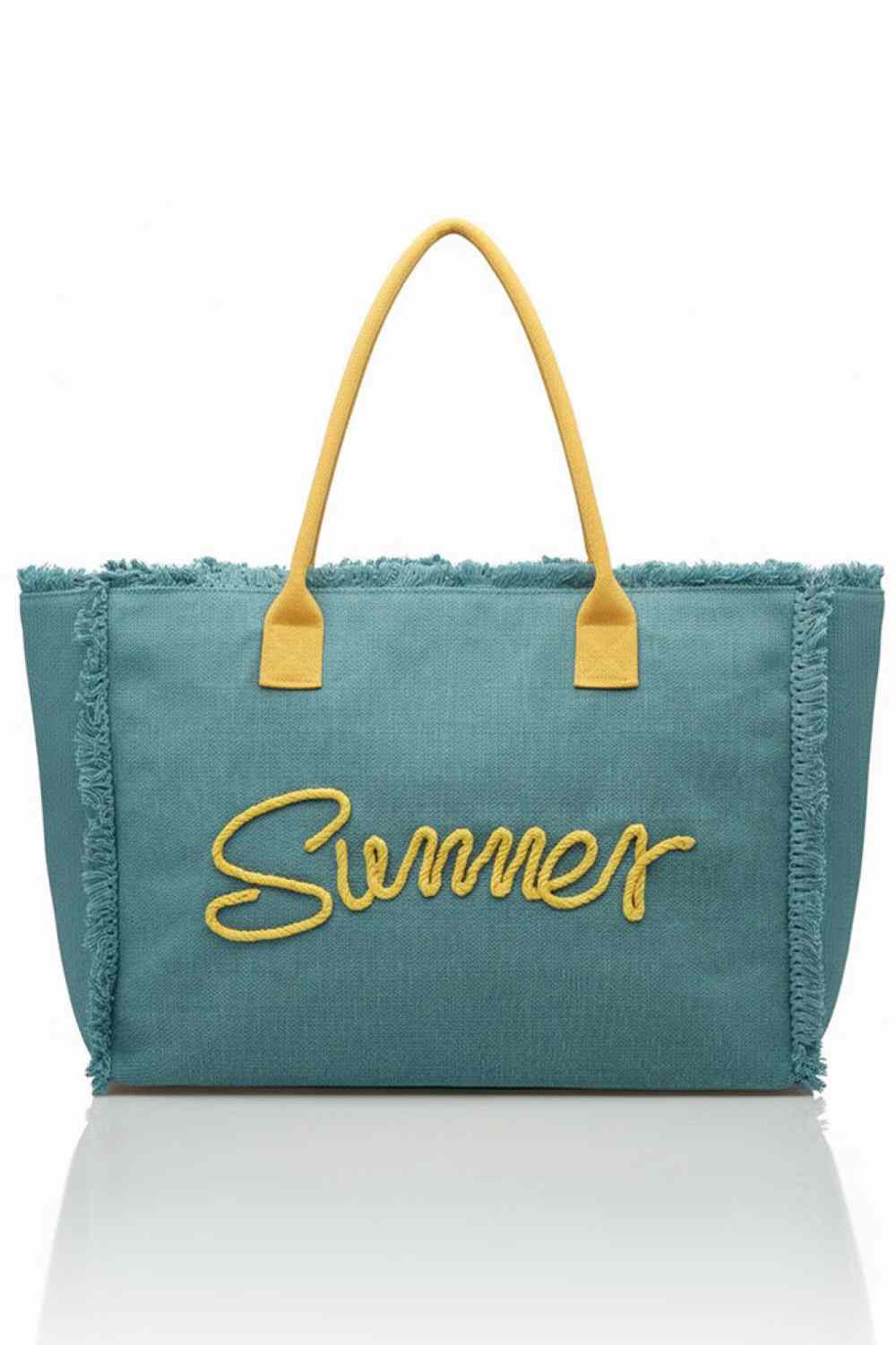 Teal Sewn Rope Summer Letter Fringed Canvas Bag combines durable canvas material with stylish rope detailing and fringed accents, offering both functionality and a trendy look. Its spacious interior is perfect for carrying essentials during warm-weather outings, while the sturdy rope handles ensure comfortable wear. Ideal for casual summer days, this bag adds a touch of effortless charm to your seasonal wardrobe.