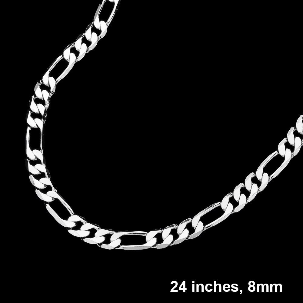 Rhodium Silver Plated 24 Inch 8mm Figaro Metal Chain Necklace