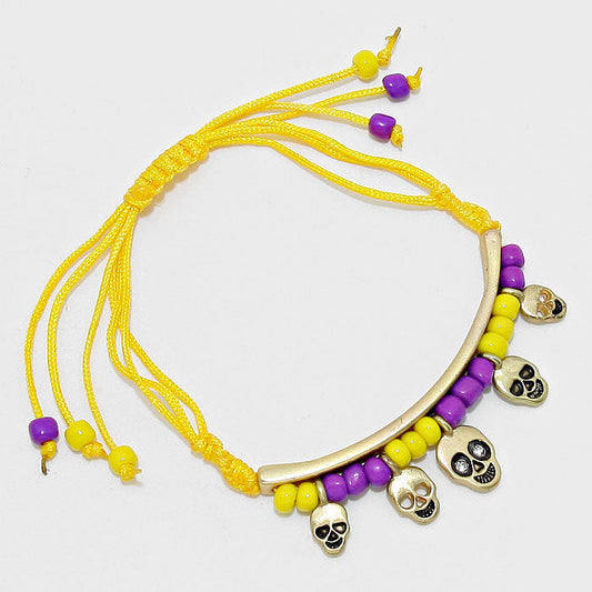 Matte gold, Purple , Yellow Skull Charm Beaded Adjustable Cinch Pull Tie Bracelet