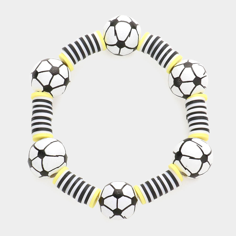 White Soccer Accented Heishi Beaded Stretch Bracelet