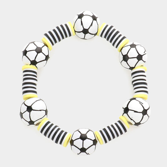 White Soccer Accented Heishi Beaded Stretch Bracelet