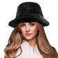 Black Soft Faux Fur Bucket Hat, stay warm and cozy, protect yourself from the cold, this most recognizable look with remarkable bold, soft & chic bucket hat, features a rounded design with a short brim. The hat is foldable, great for daytime. Perfect Gift for cold weather; Black, Brown, Burgundy; 100% Acrylic;
