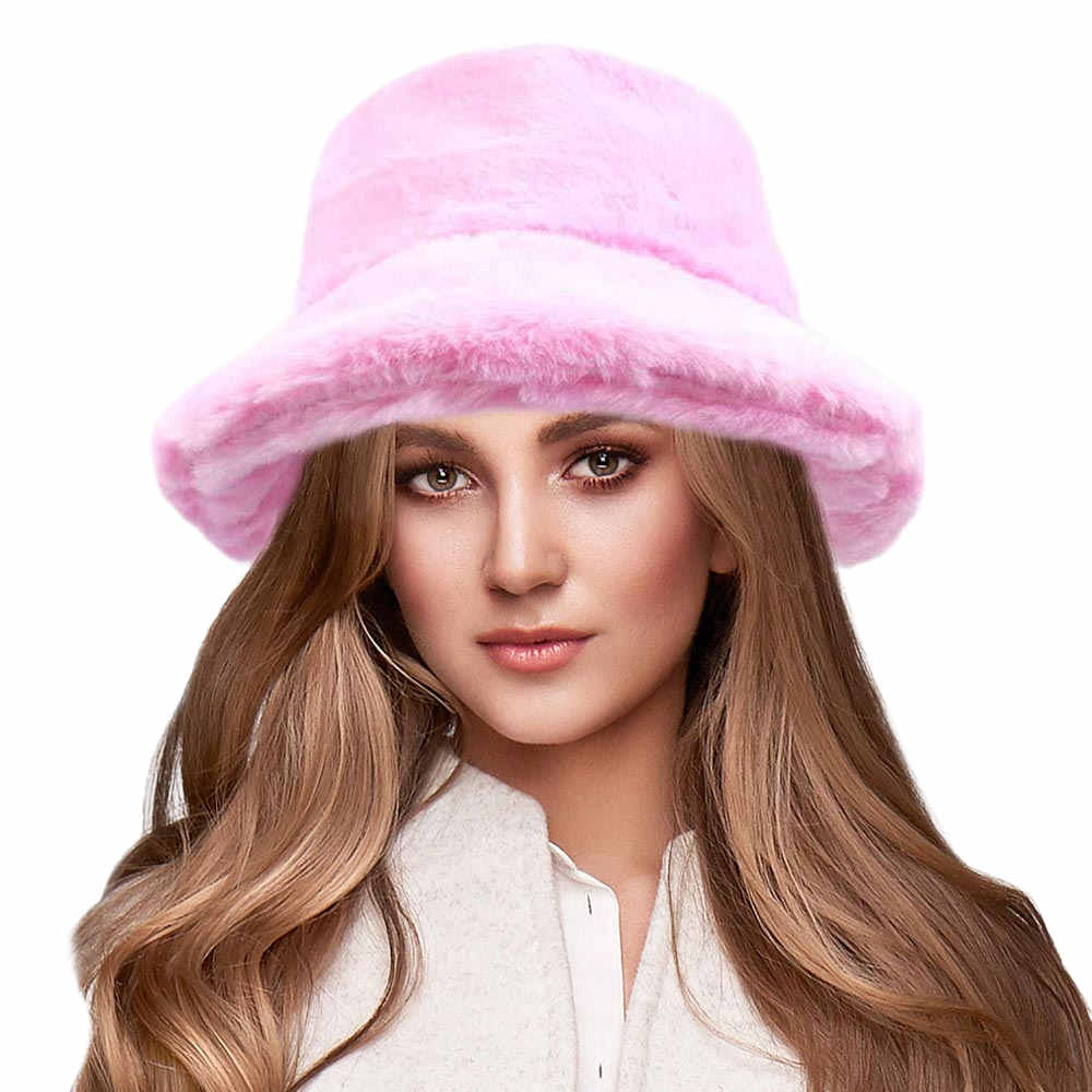 Pink Soft Faux Fur Bucket Hat, stay warm and cozy, protect yourself from the cold, this most recognizable look with remarkable bold, soft & chic bucket hat, features a rounded design with a short brim. The hat is foldable, great for daytime. Perfect Gift for cold weather; Black, Brown, Burgundy; 100% Acrylic;