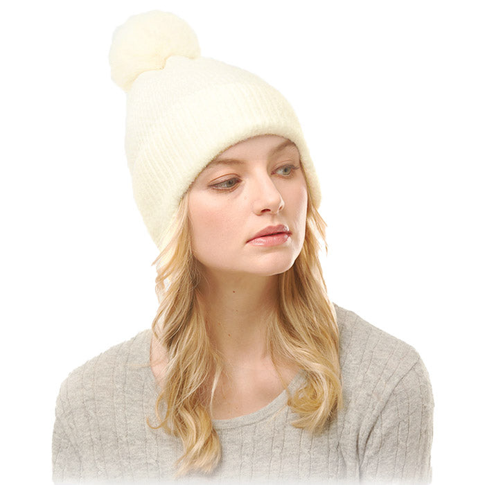 Soft Solid Earflap Knit Pom Pom Beanie Hat - White - Beanies