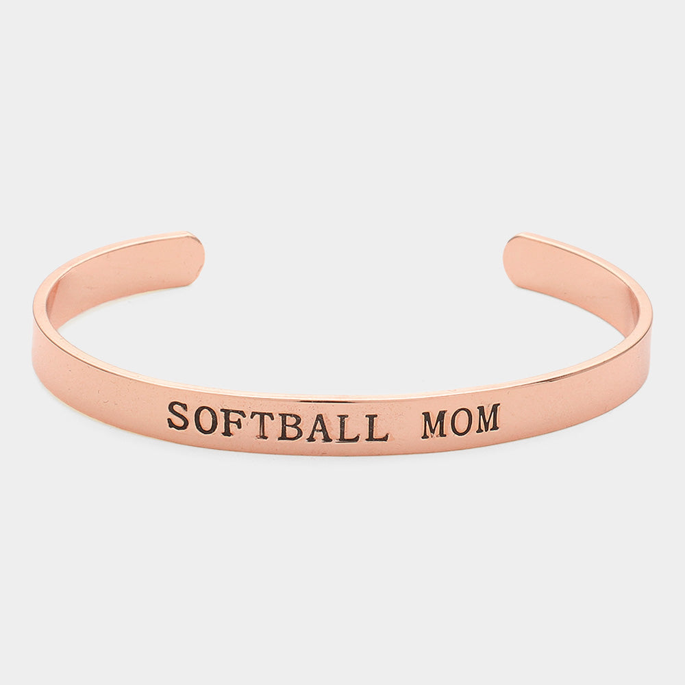 Rose Gold Softball Mom Message Gold Dipped Metal Cuff Bracelet