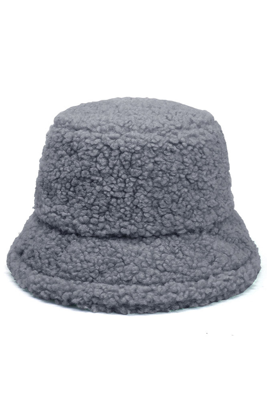 SOLID BOUCLE TEDDY BEAR BUCKET HAT - Gray - Bucket Hat
