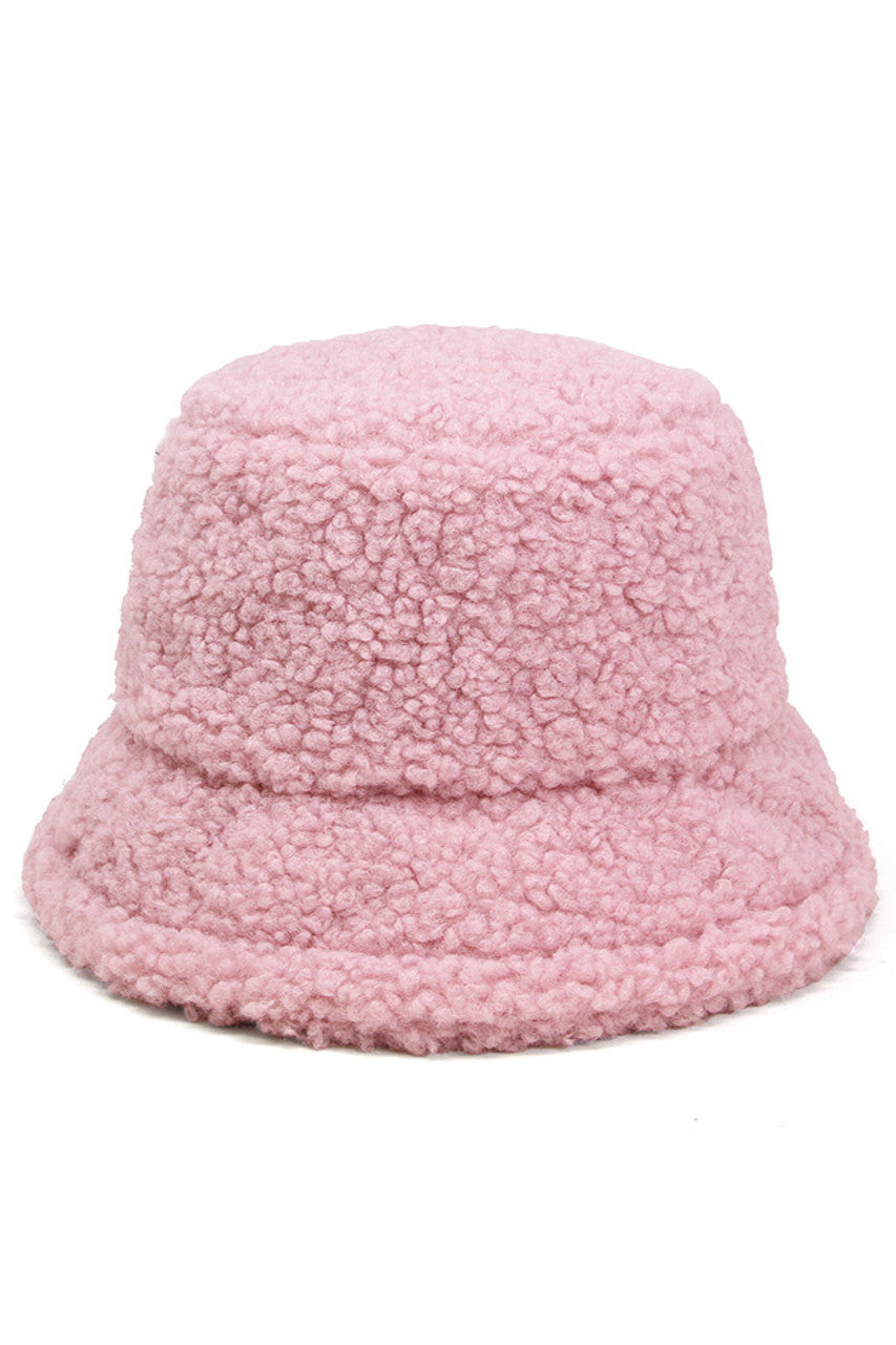 SOLID BOUCLE TEDDY BEAR BUCKET HAT - Pink - Bucket Hat