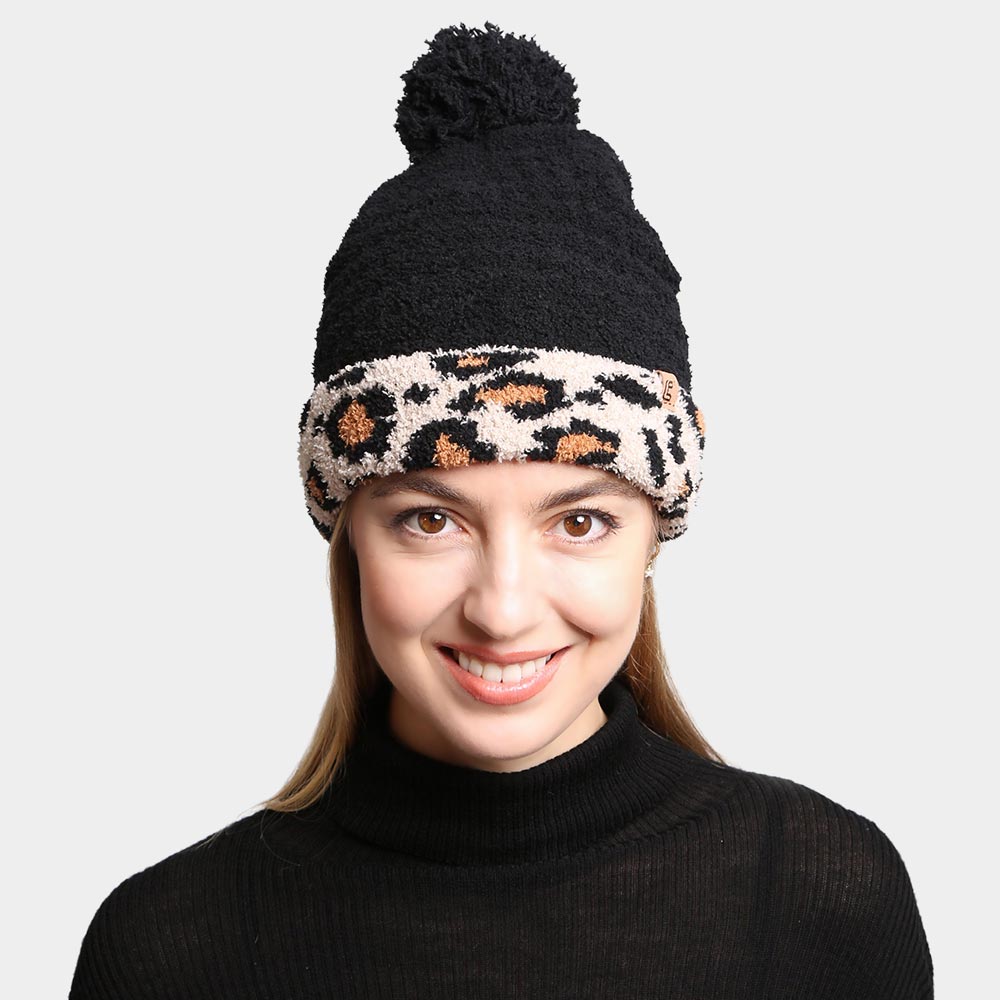Black Solid Color Linked Leopard Accented Pom-Pom Beanie