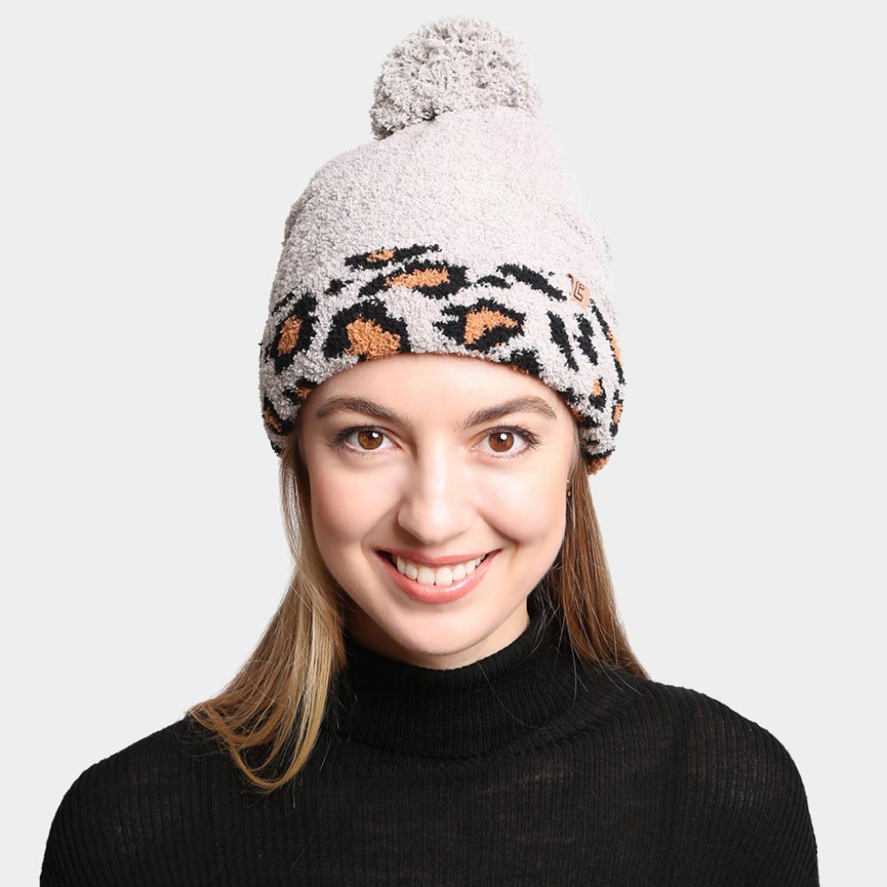 Gray Solid Color Linked Leopard Accented Pom-Pom Beanie