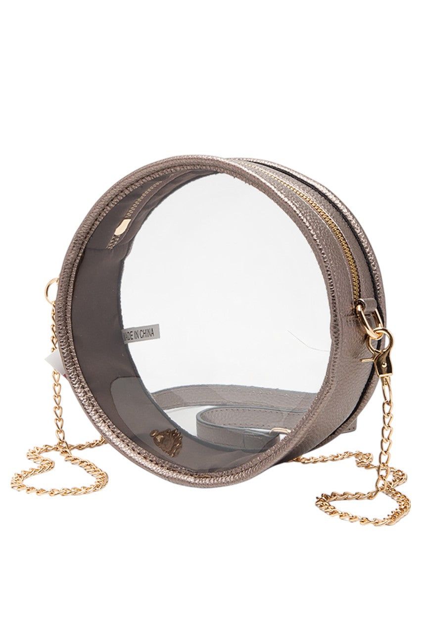 Bronze Solid Color Trim Clear Round Crossbody Bag combines modern transparency with a sleek, solid-colored trim, making it a stylish and versatile accessory. Its round shape offers a unique silhouette, while the clear design allows easy visibility of contents, enhancing convenience and security. Perfect for those seeking a fashionable yet functional bag for everyday use or special events. 