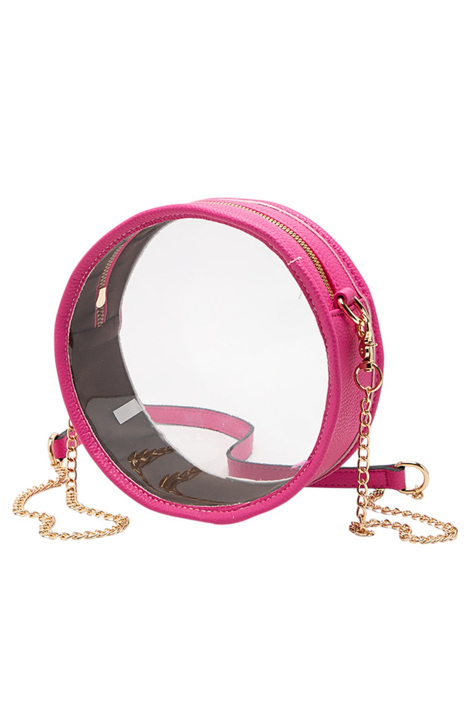 Fuchsia Solid Color Trim Clear Round Crossbody Bag combines modern transparency with a sleek, solid-colored trim, making it a stylish and versatile accessory. Its round shape offers a unique silhouette, while the clear design allows easy visibility of contents, enhancing convenience and security. Perfect for those seeking a fashionable yet functional bag for everyday use or special events. 