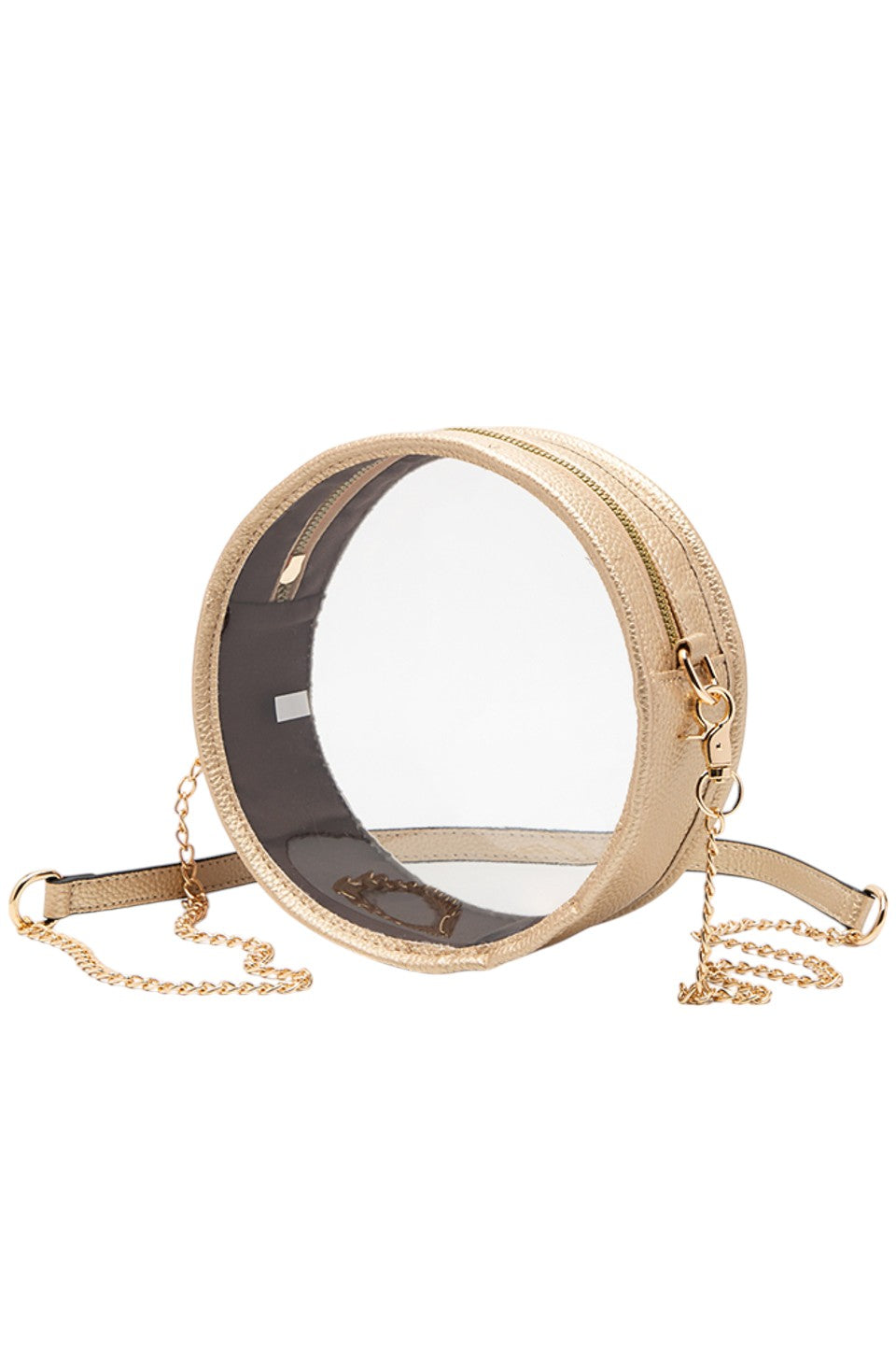 Gold Solid Color Trim Clear Round Crossbody Bag combines modern transparency with a sleek, solid-colored trim, making it a stylish and versatile accessory. Its round shape offers a unique silhouette, while the clear design allows easy visibility of contents, enhancing convenience and security. Perfect for those seeking a fashionable yet functional bag for everyday use or special events. 