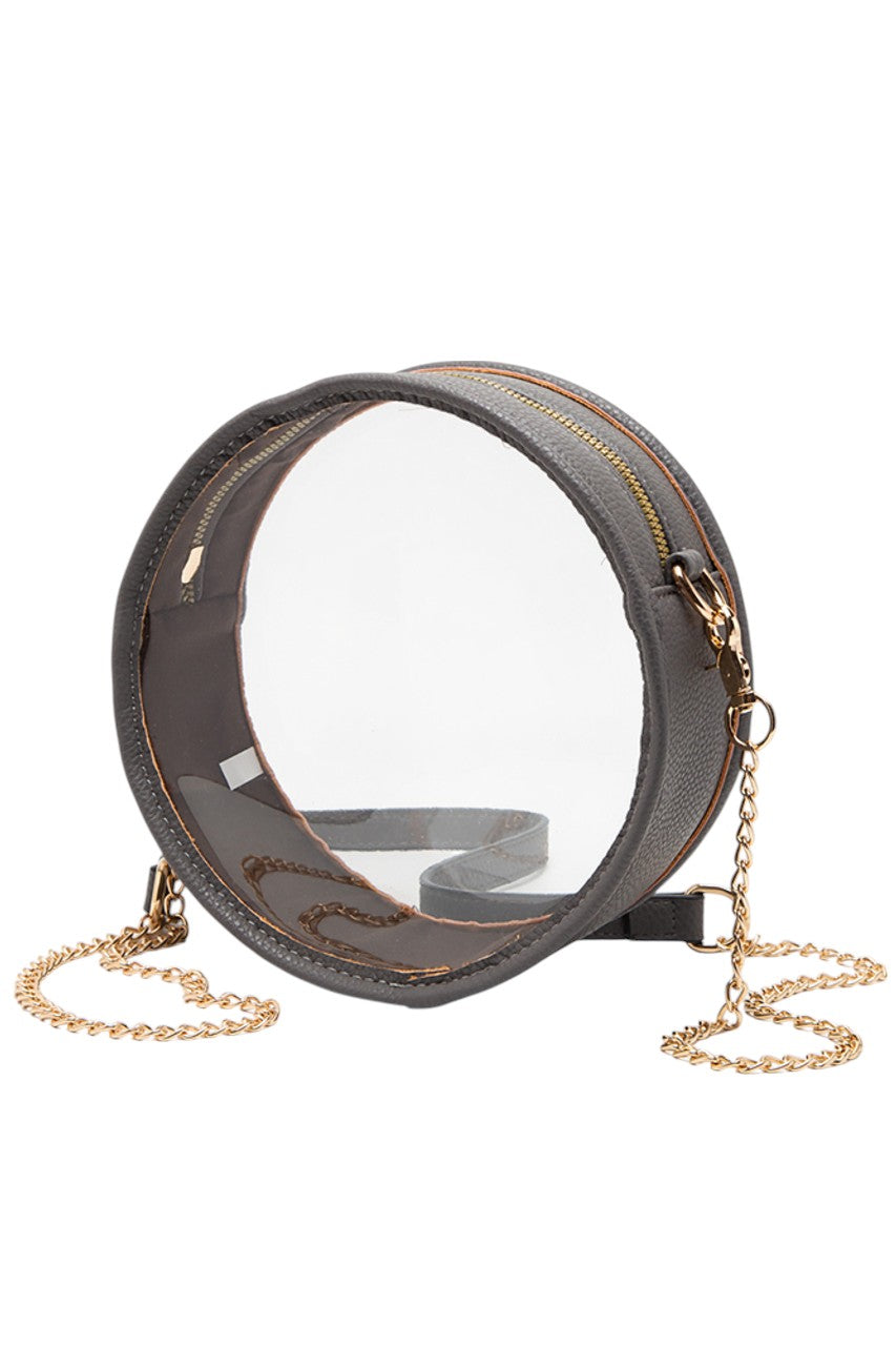 Gray Solid Color Trim Clear Round Crossbody Bag combines modern transparency with a sleek, solid-colored trim, making it a stylish and versatile accessory. Its round shape offers a unique silhouette, while the clear design allows easy visibility of contents, enhancing convenience and security. Perfect for those seeking a fashionable yet functional bag for everyday use or special events. 
