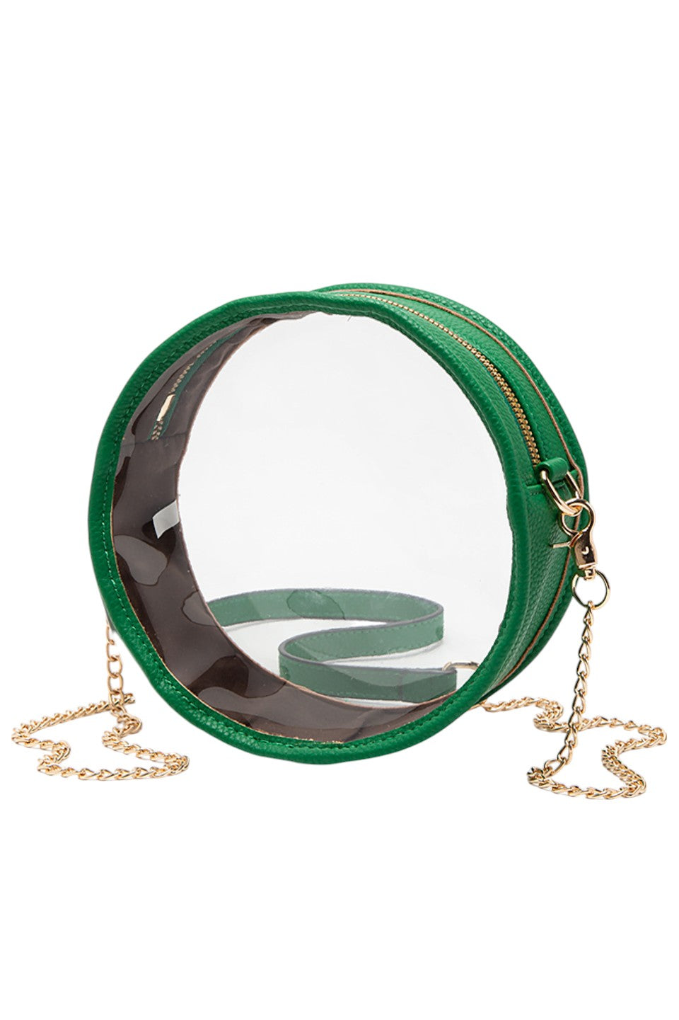 Green Solid Color Trim Clear Round Crossbody Bag combines modern transparency with a sleek, solid-colored trim, making it a stylish and versatile accessory. Its round shape offers a unique silhouette, while the clear design allows easy visibility of contents, enhancing convenience and security. Perfect for those seeking a fashionable yet functional bag for everyday use or special events. 
