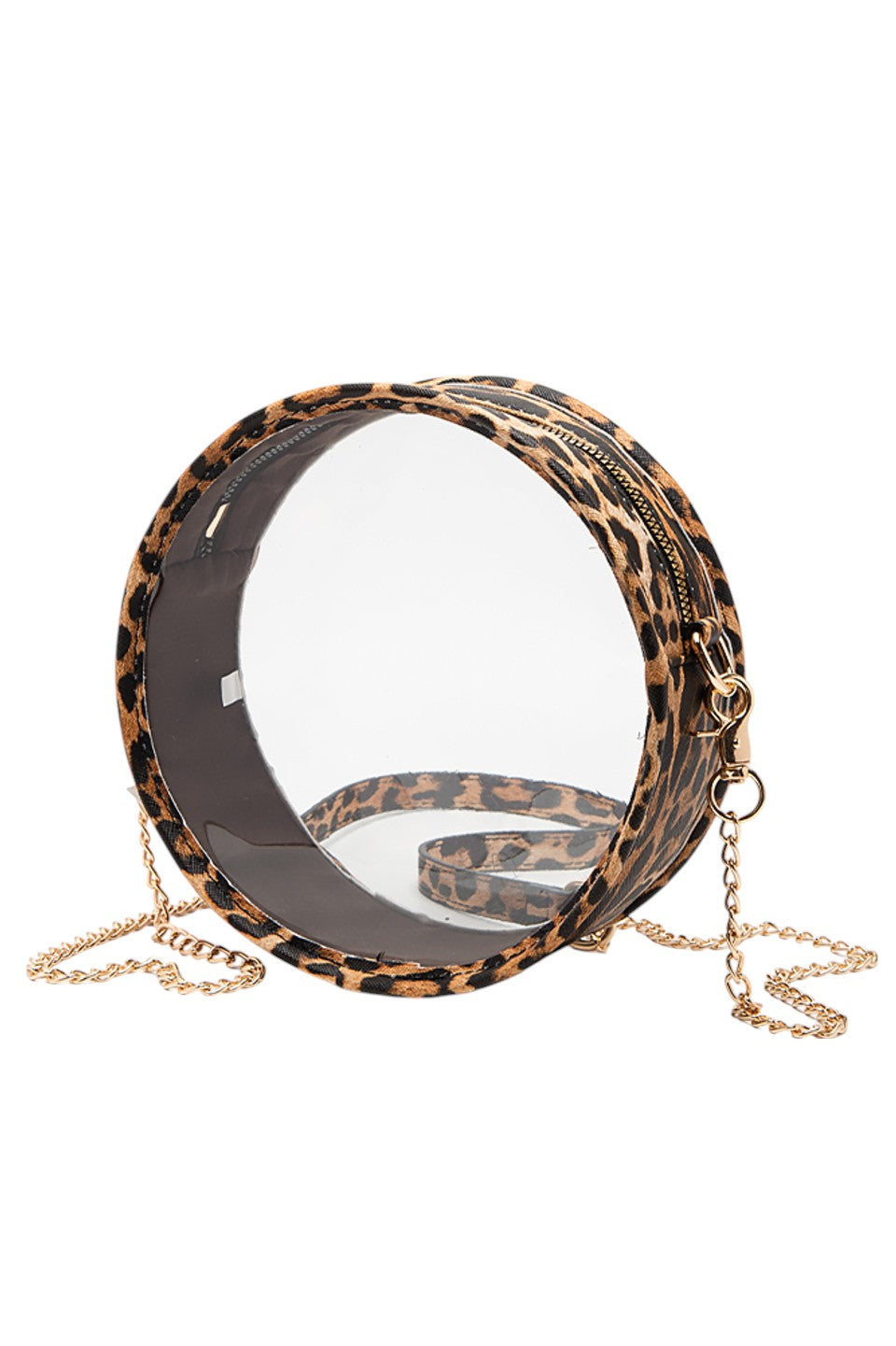 Leopard Solid Color Trim Clear Round Crossbody Bag combines modern transparency with a sleek, solid-colored trim, making it a stylish and versatile accessory. Its round shape offers a unique silhouette, while the clear design allows easy visibility of contents, enhancing convenience and security. Perfect for those seeking a fashionable yet functional bag for everyday use or special events. 