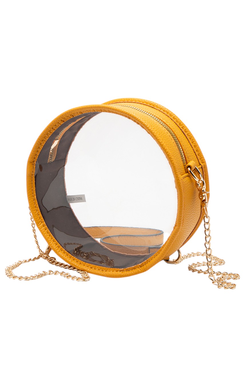 Mustard Solid Color Trim Clear Round Crossbody Bag combines modern transparency with a sleek, solid-colored trim, making it a stylish and versatile accessory. Its round shape offers a unique silhouette, while the clear design allows easy visibility of contents, enhancing convenience and security. Perfect for those seeking a fashionable yet functional bag for everyday use or special events. 