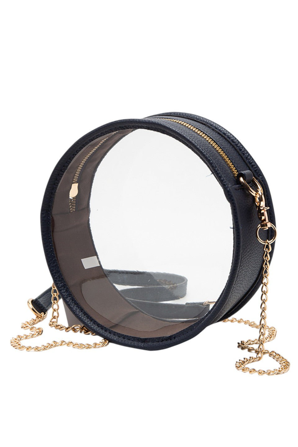 Navy Solid Color Trim Clear Round Crossbody Bag combines modern transparency with a sleek, solid-colored trim, making it a stylish and versatile accessory. Its round shape offers a unique silhouette, while the clear design allows easy visibility of contents, enhancing convenience and security. Perfect for those seeking a fashionable yet functional bag for everyday use or special events. 
