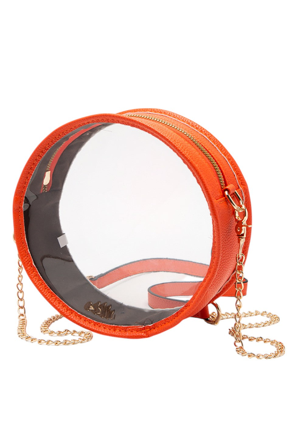 Orange Solid Color Trim Clear Round Crossbody Bag combines modern transparency with a sleek, solid-colored trim, making it a stylish and versatile accessory. Its round shape offers a unique silhouette, while the clear design allows easy visibility of contents, enhancing convenience and security. Perfect for those seeking a fashionable yet functional bag for everyday use or special events. 