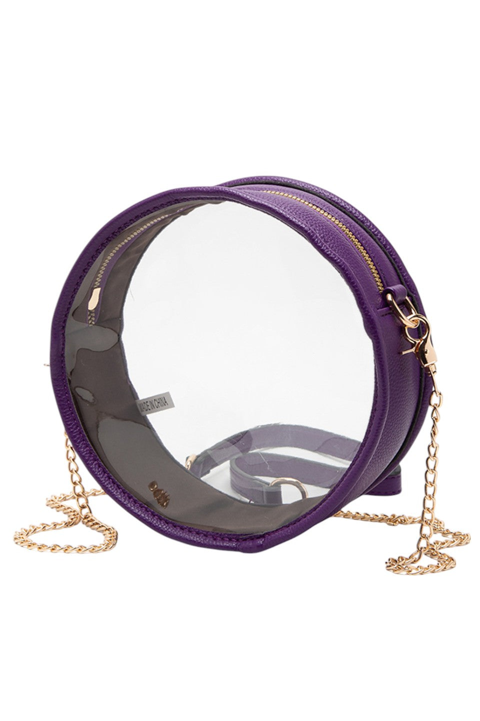 Purple Solid Color Trim Clear Round Crossbody Bag combines modern transparency with a sleek, solid-colored trim, making it a stylish and versatile accessory. Its round shape offers a unique silhouette, while the clear design allows easy visibility of contents, enhancing convenience and security. Perfect for those seeking a fashionable yet functional bag for everyday use or special events. 